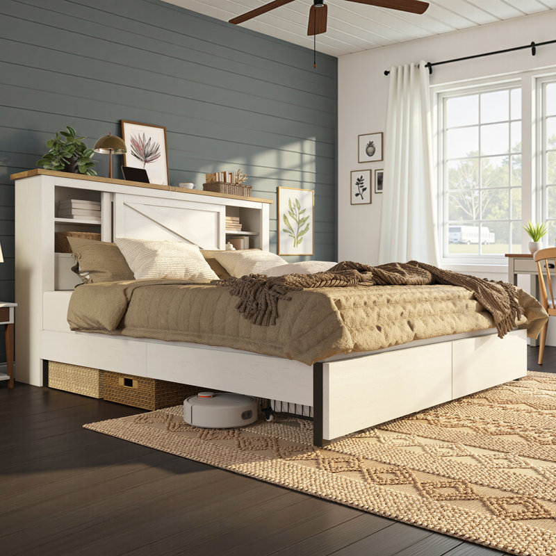 47.2"H King Bed With 2 Storage Drawers & Bookcase Headboard, White