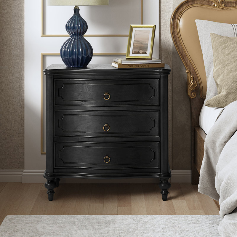 Elfine 28'' W Traditional Curves Nightstand with Charging Station and Solid Wood Legs and Metal Knobs Adorn