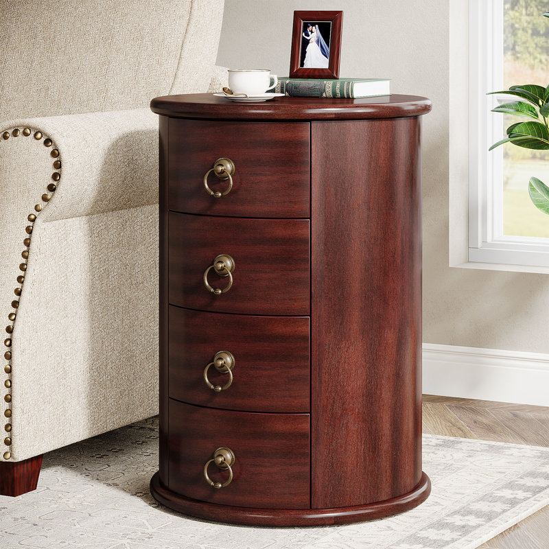 Solid Wood Round Side Table With 4 Drawers