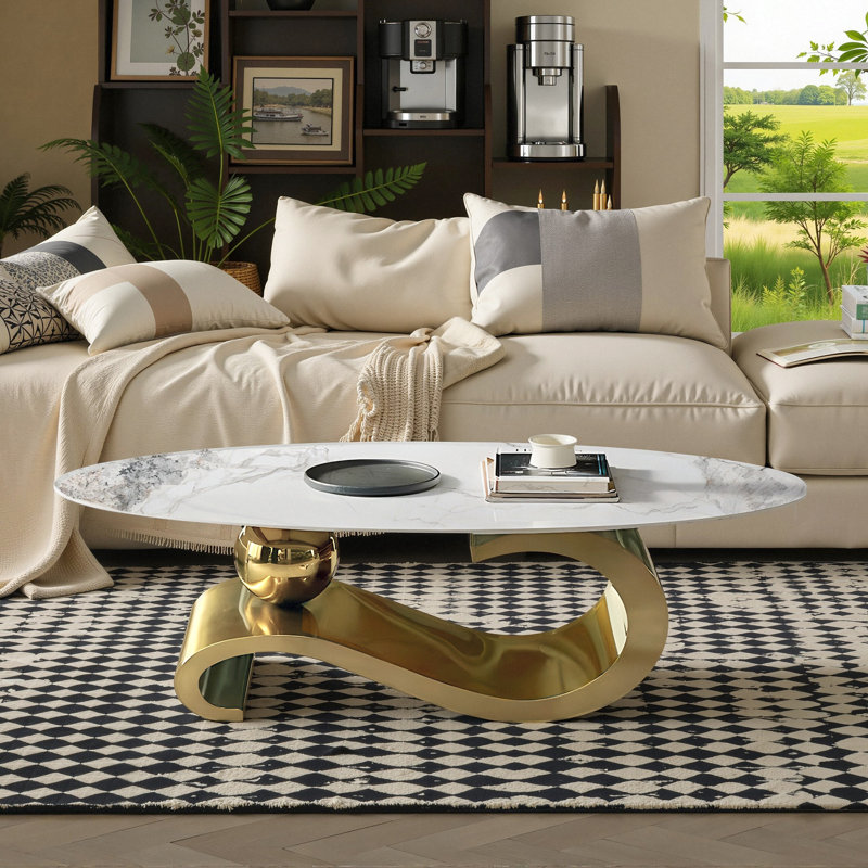 (Incomplete) 51\" Luxury Oval Coffee Table with Base and Sintered Stone Top - Musical Note Shaped Base