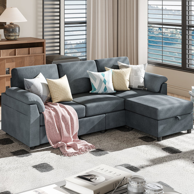 (Incomplete) Modern L-Shaped Sofa with Ottoman – Soft Linen Fabric, Compact Design for Living Room, Apartment, or Office, 79