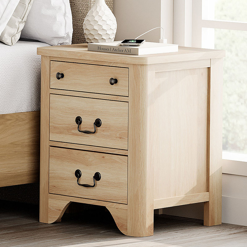 Haikey Lark Manor 3-Drawer Nightstand With Built-In Charging Station, Wood Nightstand For Bedroom