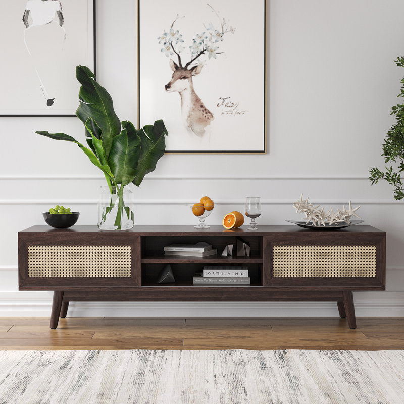 65" Mid Century Modern Tv Stand With Sliding Doors