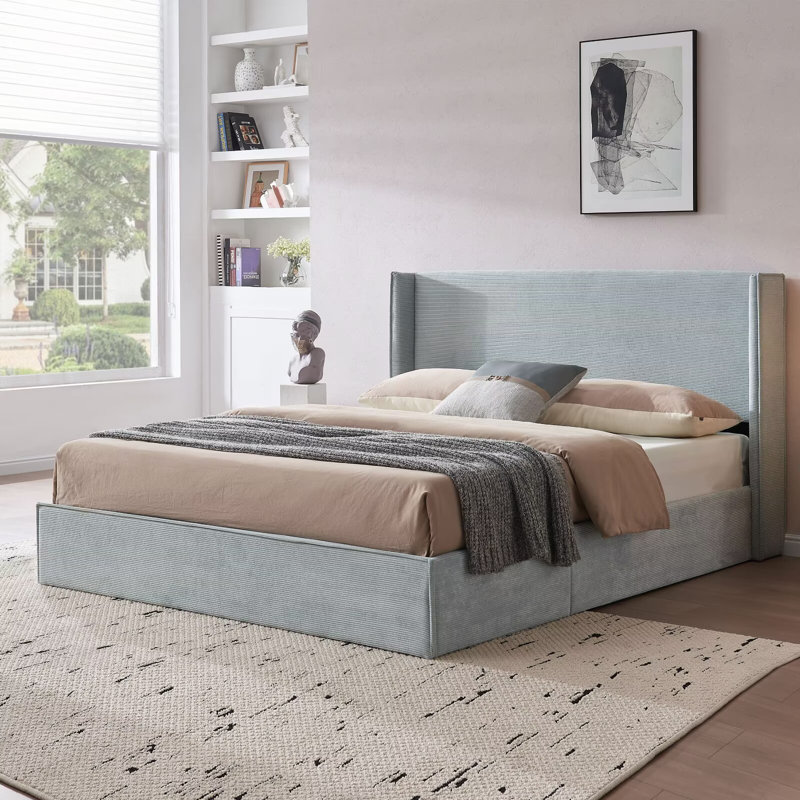 Lift-Up Storage Bed with 43" High Wingback Headboard, Corduroy Upholstery, Hydraulic Lift System, Sturdy Metal Frame & Wood Slats , No Box Spring Needed, Easy Assembly