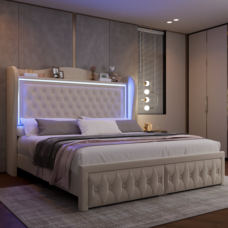 Kaliya Velvet Upholstered Platform Bed With Wingback Headboard & LED Lighting, 2 Underbed Storage Drawers, Suitable For Bedroom, Guestroom, Personalized Homestays