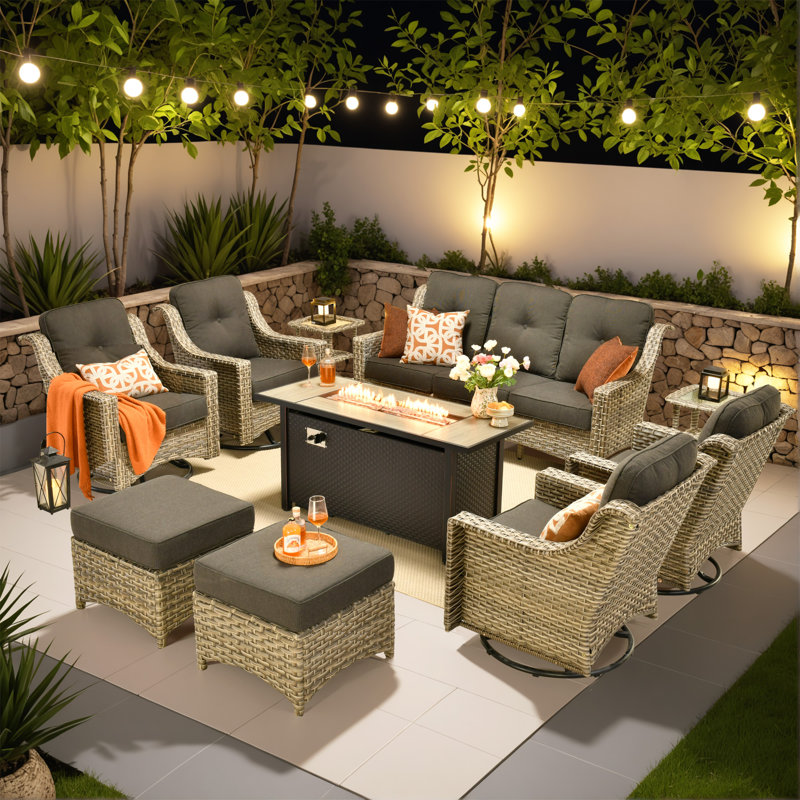 7 - Piece Wicker Outdoor Patio Furniture Set with Fire Pit Table, Cushions and Swivel Rocking Chairs