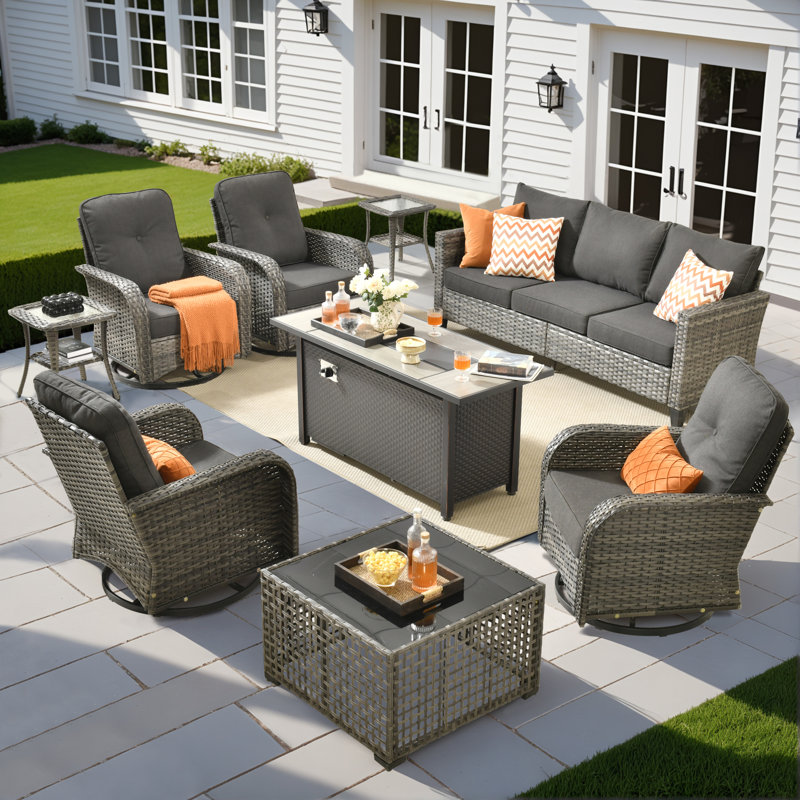 Jordanlee 7- Person Outdoor Seating Group With Rocking Swivel Chairs With Fire Pit Table
