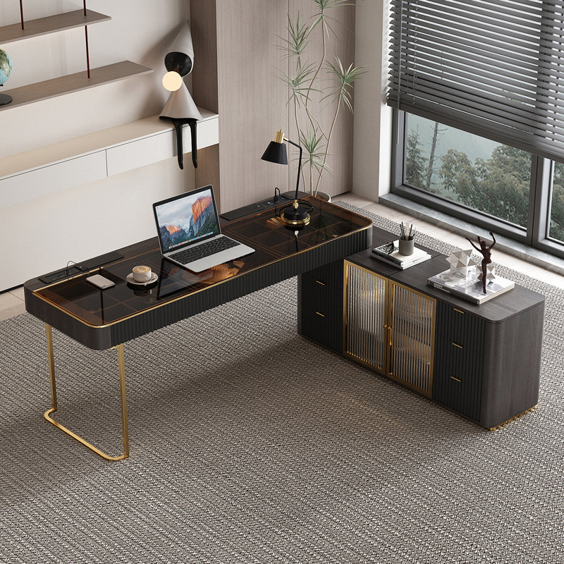 71" High-quality Executive Desk,Swivel Computer Desk,boss desk,Home office Desk,L-Shaped,Two Power Outlet, Glass Top,Very easy to assemble