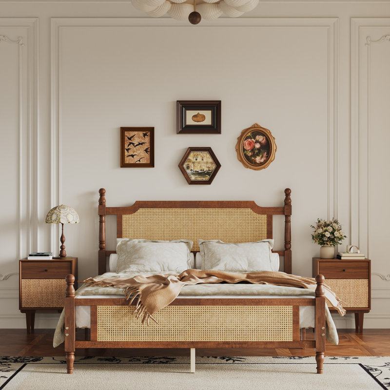 similar Aimara Pine Wood Platform Bed with Rattan Headboard & Footboard, Classic Finial Posts