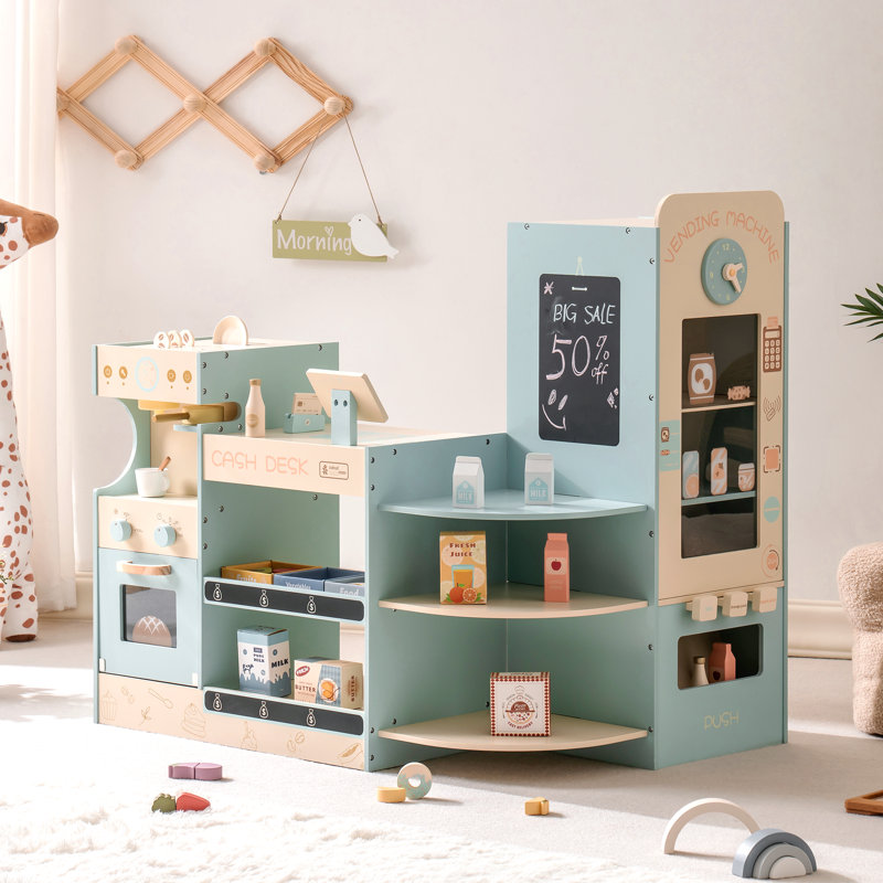 Wooden Pretend Market Self-Checkout Station Playset, Preschool Kitchen Set, Coffee Maker