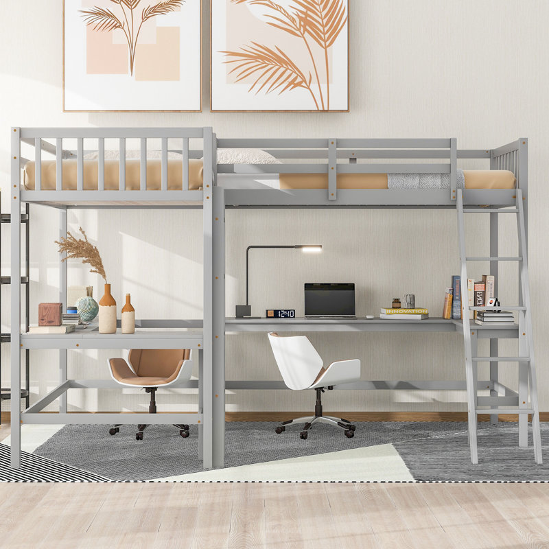 Wood Twin Size L-Shaped Loft Bed with Ladder and 2 Built-in L-Shaped Desks