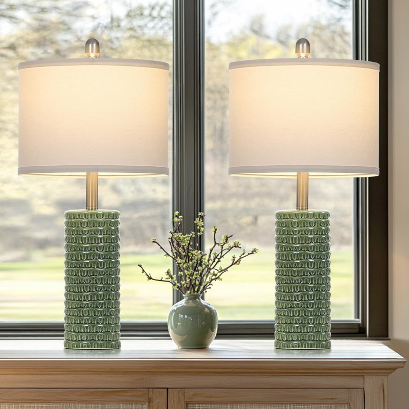 Modern Ceramic Table Lamp Set Of 2 With Linen Shade For Living Room, Bedroom, And Nightstand, Handcrafted Design, Durable And Elegant