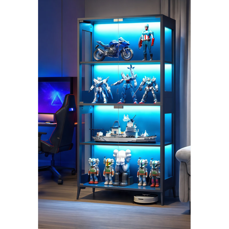 Modern Glass Display Cabinet With Thick Tempered Glass, Adjustable Shelves & Rgb Led Lights, Tall Curio Storage Cabinet With Wireless Remote