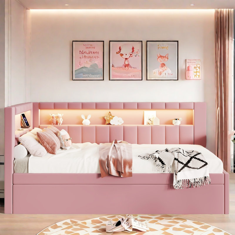 Smera Upholstered Platform Bed with USB Ports, LED Belt and Trundle