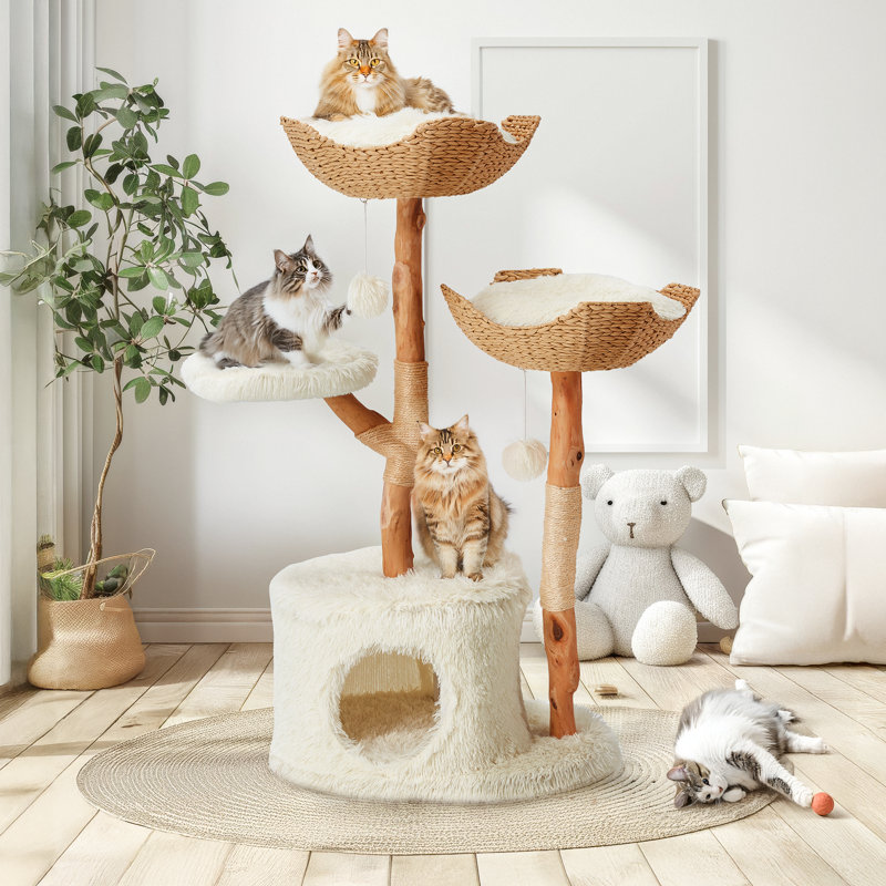 Natural Wood Cat Tower With Hand-woven Baskets And Cat Condo, Tall Cat Tree For Indoor Cats, White