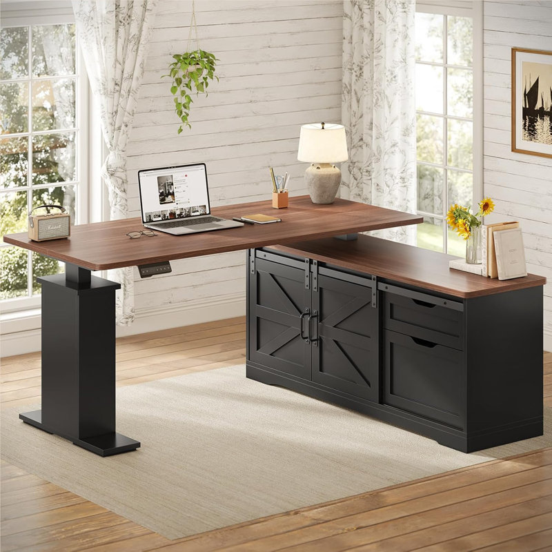 Farmhouse L Shaped Standing Desk, 55 Inch Height Adjustable Corner Desk With Storage Drawers, Standing Computer Desks With Power Outlets For Home Office