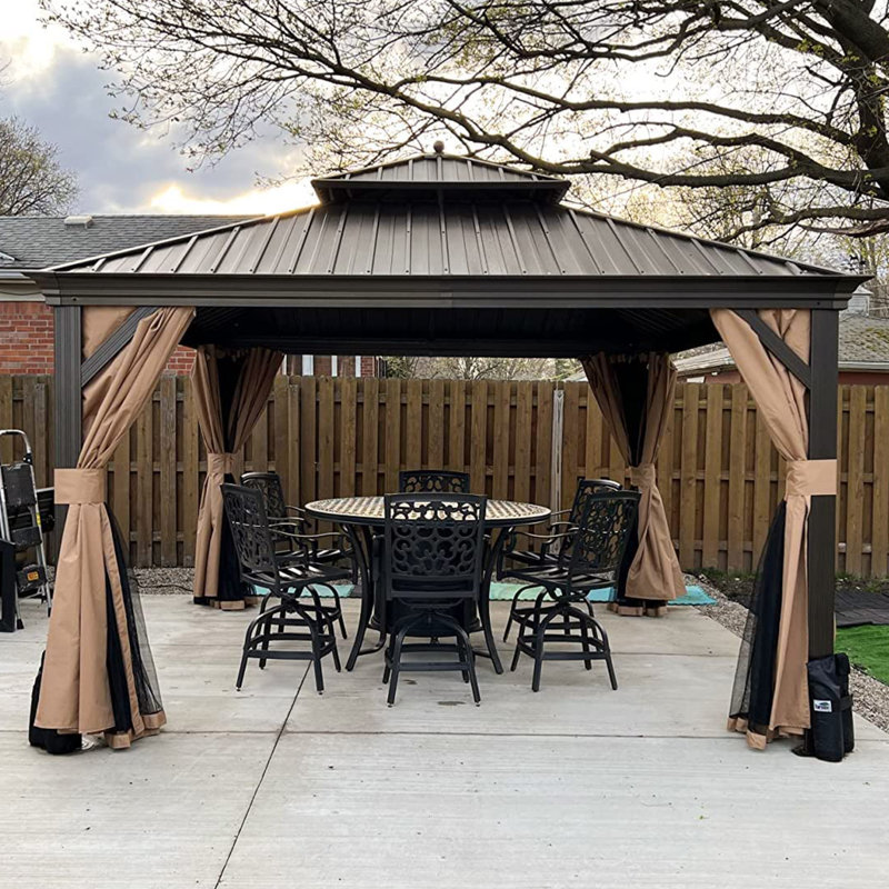 PURPLE LEAF 12' W x 12' D Hardtop Gazebo Canopy for Patio Deck Backyard Heavy Duty Outside Sunshade with Netting and Curtains Outdoor Permanent Metal Pavilion