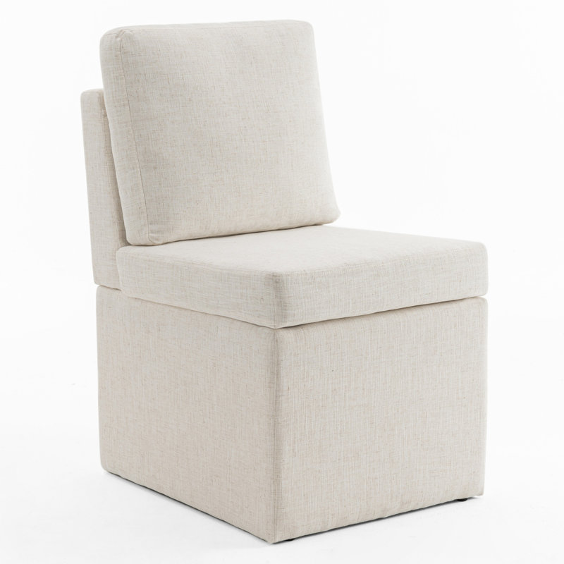 Modern Upholstered Vanity Chair, Linen Fabric Accent Chair, Armless Parsons Chair, Living Room Chair with Storage