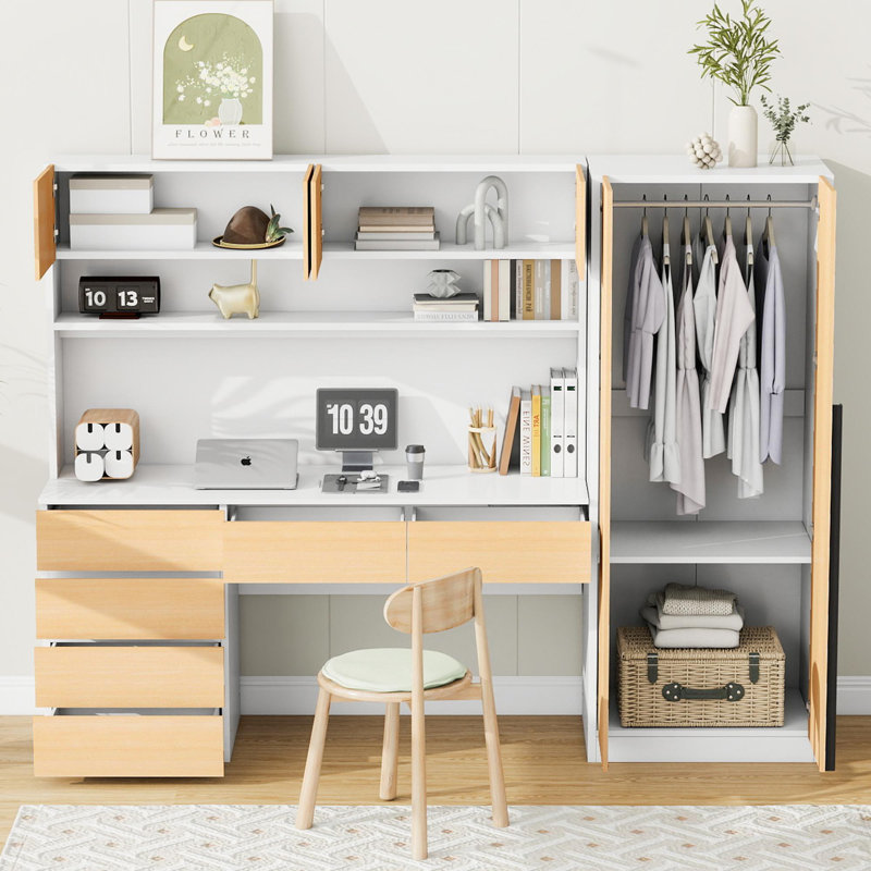 2 Door Wooden Storage Desk Wardrobe for Bedroom with Shelves and Drawers, White