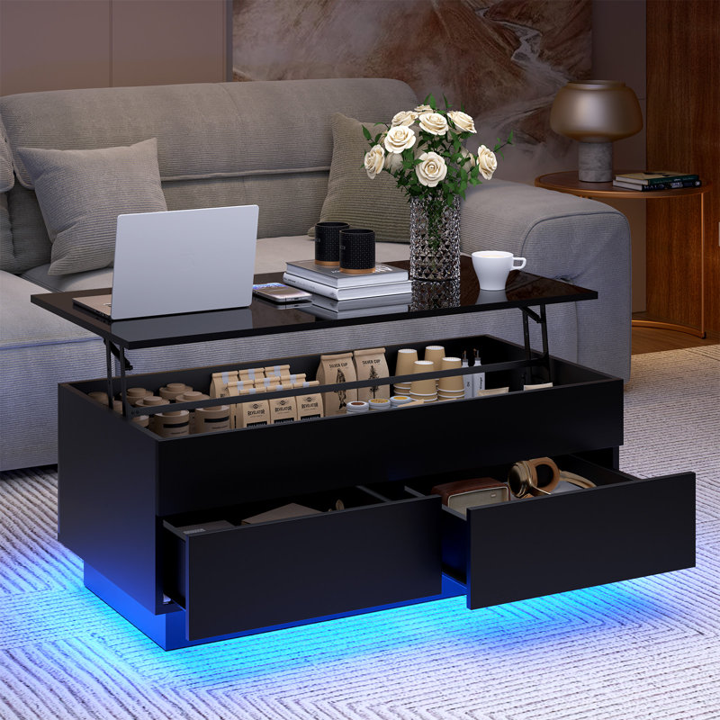 chappa lift top coffee table with multifunctional rgb led lights, hidden compartment and drawers