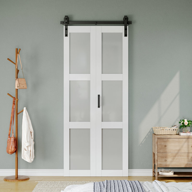 84"H 3-Lite Manufactured Wood and Glass Paneled Bifold Barn Door with Installation Hardware