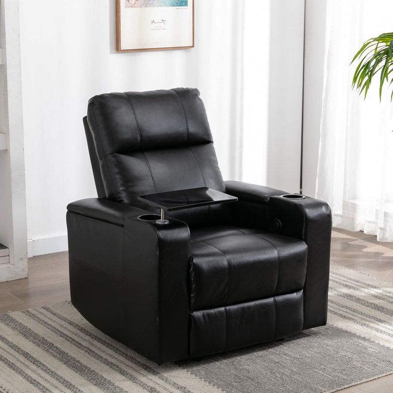ryun 33.1'' wide contemporary breathable leather power recliner with arm table and cup holder
