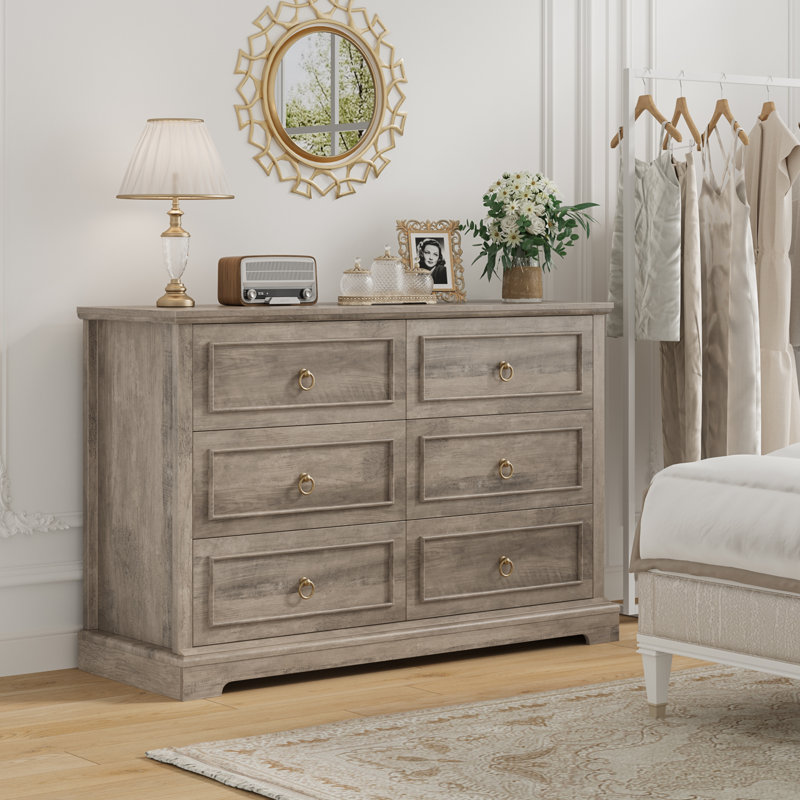 Lamyla 47.2'' W 6 - Drawer Dresser, Mid-Century Modern Wooden Double Dresser, White, Gray or Espresso Wood