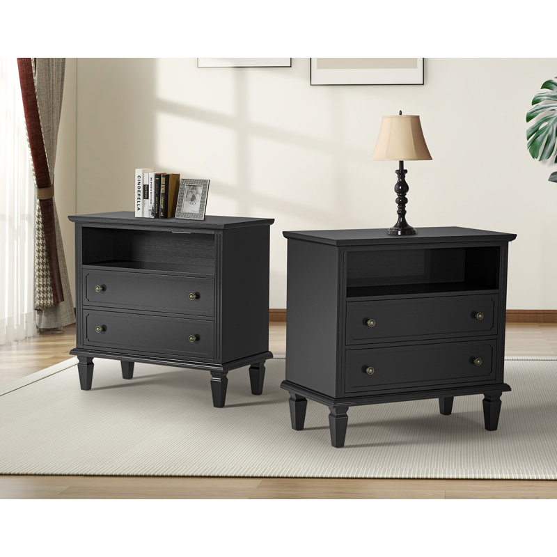 Amberlyn 28.2''W Traditional 2-Drawer Nightstand with Charging Station and Solid Wood Legs and Open Shelf (Set of 2)