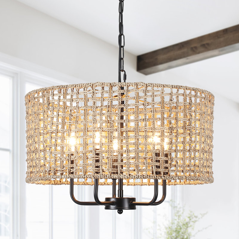 ekkehard 5 - light dimmable drum chandelier natural rattan bohemian pendant
