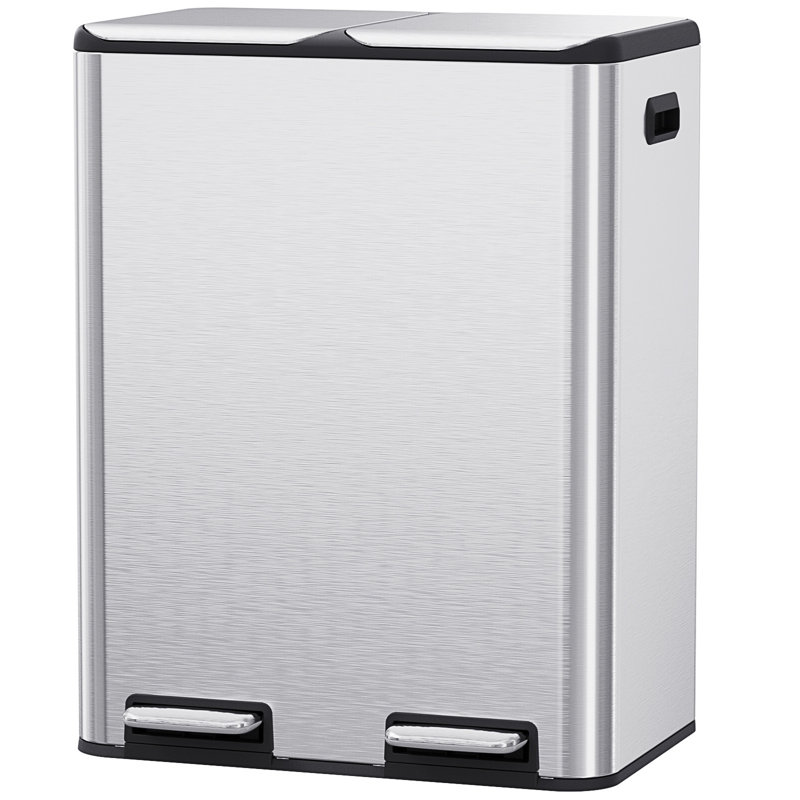 16 gal dual kitchen trash can, stainless steel garbage bin, recycle waste dustbin, w/2 built-in box for odor control, soft-close lid,2 buckets, foot pedal, side handle, for home office