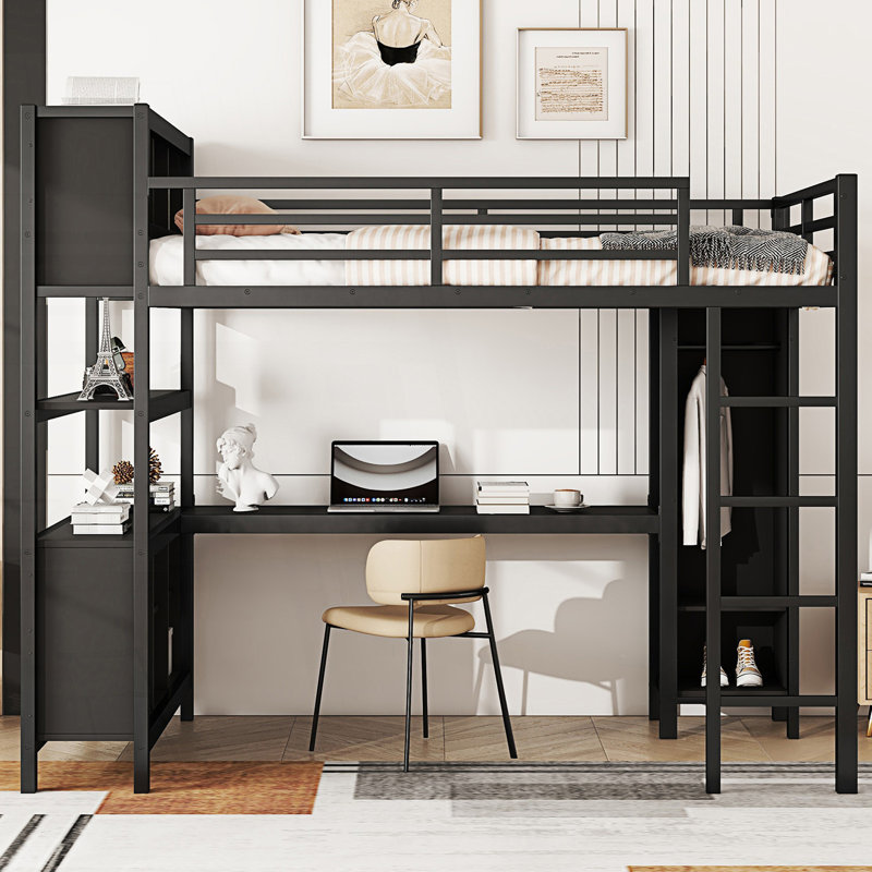 (Incomplete)Metal Loft Bed with Wardrobe And L-shaped Desk, Loft Bed with Storage Cubes and Shelves, Heavy Duty Loft Bed for Kids Teens Adults