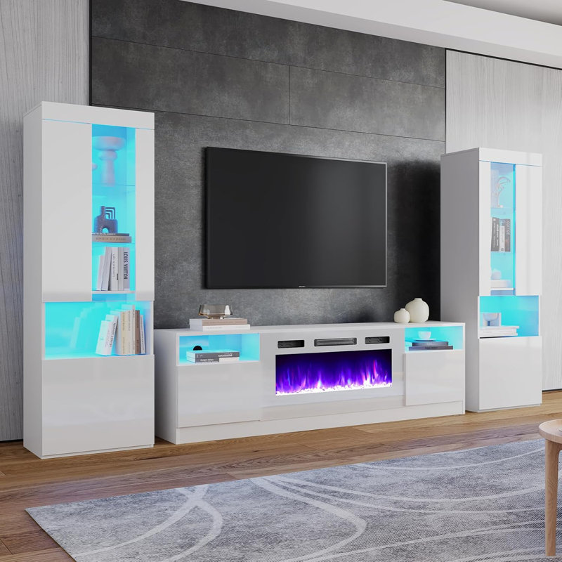 (INCOMPLETE)Anello Highgloss Fireplace Entertainment Center Set, Fireplace TV Stand, 2 Bookcases