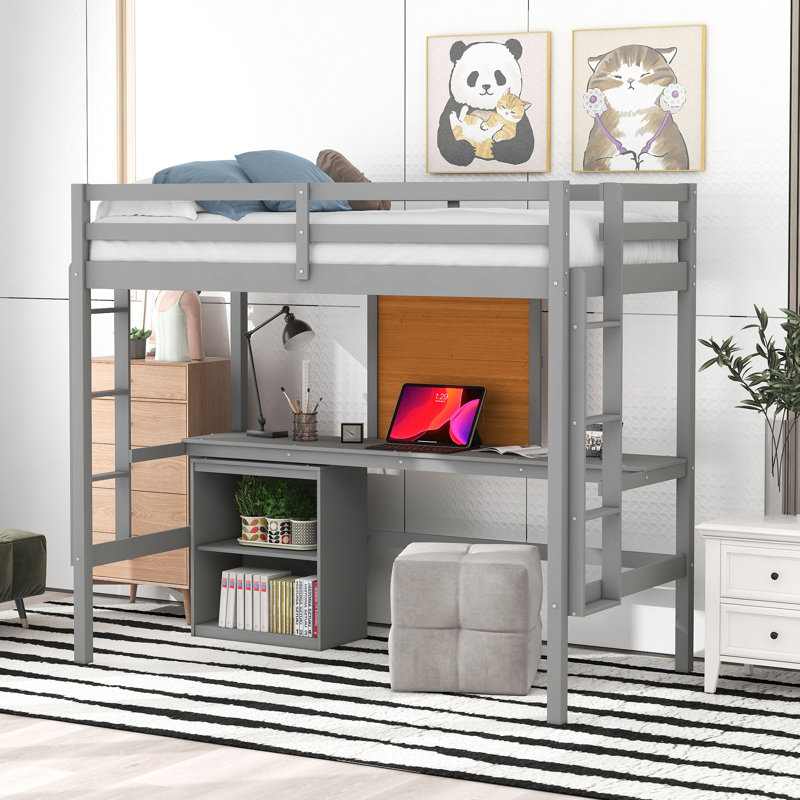 Loft Bed with Desk and Writing Board, Wooden Loft Bed with Desk & 2 Drawers Cabinet
