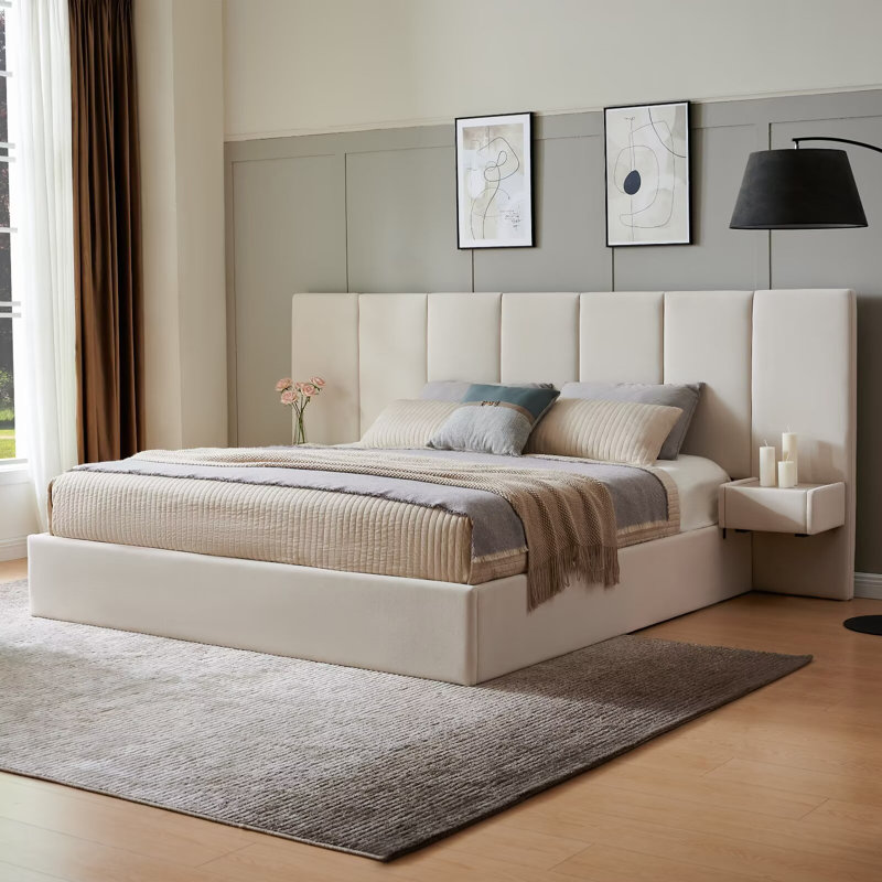 Upholstered Lift Storage Bed Frame with Hotel-Style Headboard, Queen Size & King Size Bed Frame, Sprung Slats, Velvet Headboard and Drawers, Gas Lift Hydraulic Support, No Box Spring Needed
