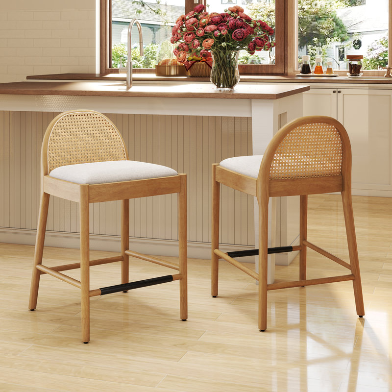 Emington Modern Stools with Rattan Backrests and Wood Frame (Set of 2)