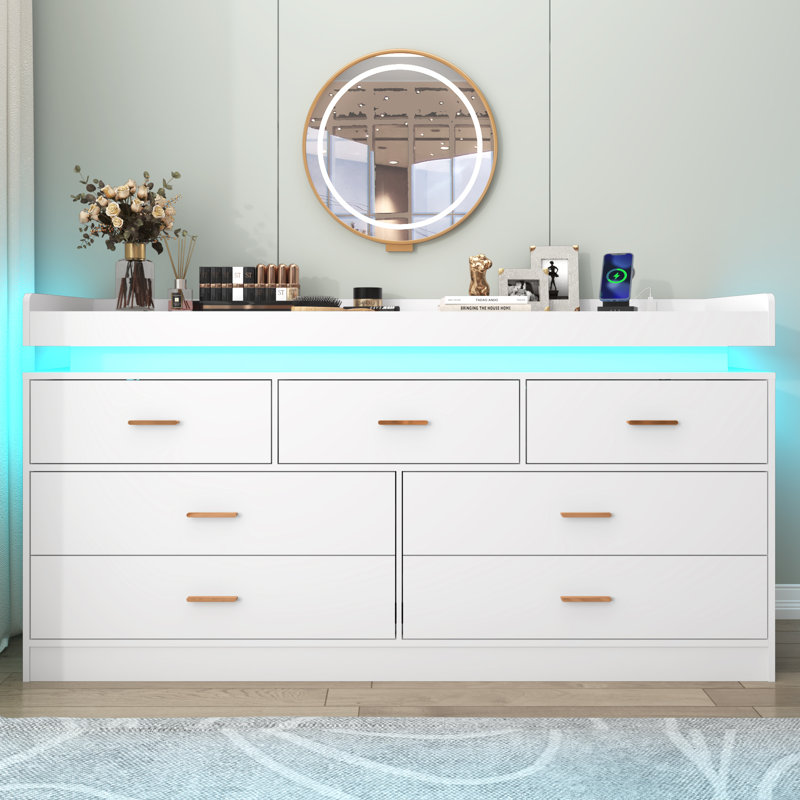 7 Drawer 55.13" Dresser With LED Light, Sockets, Type-C Port And USB Port
