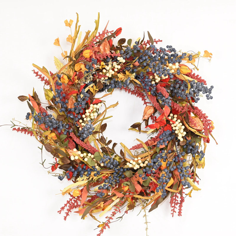 SIMILAR NOT EXACT 24\" Artificial Farmhouse Twig Fall Thanksgiving Day Harvest Blossom Cluster Foliage Berry Front Door Wreath