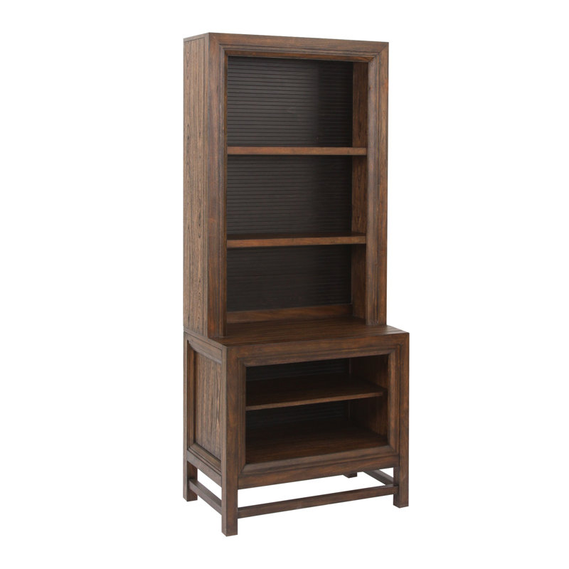 Inza 74 inch high Bookcase Pier Cabinet, No Assembly Required, Rustic Buckeye and Black Finish