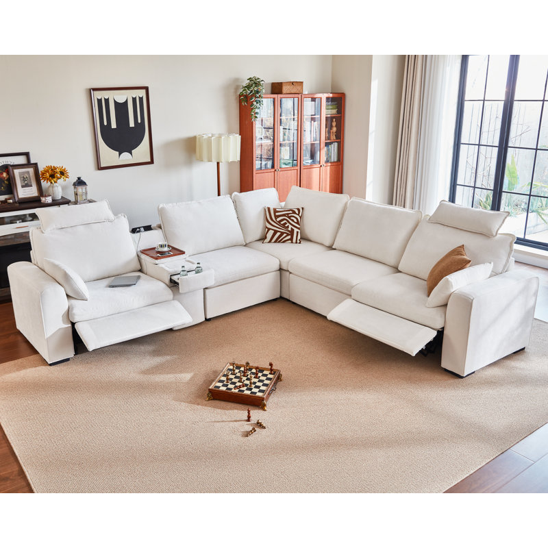 5 Seater Chenille Oversized Modular Sectional Sofa With Double Power Recliner Cloud Reclining Couch With Headrest Storage Drawer Charging Cup Holders Deep L-shaped With Corner