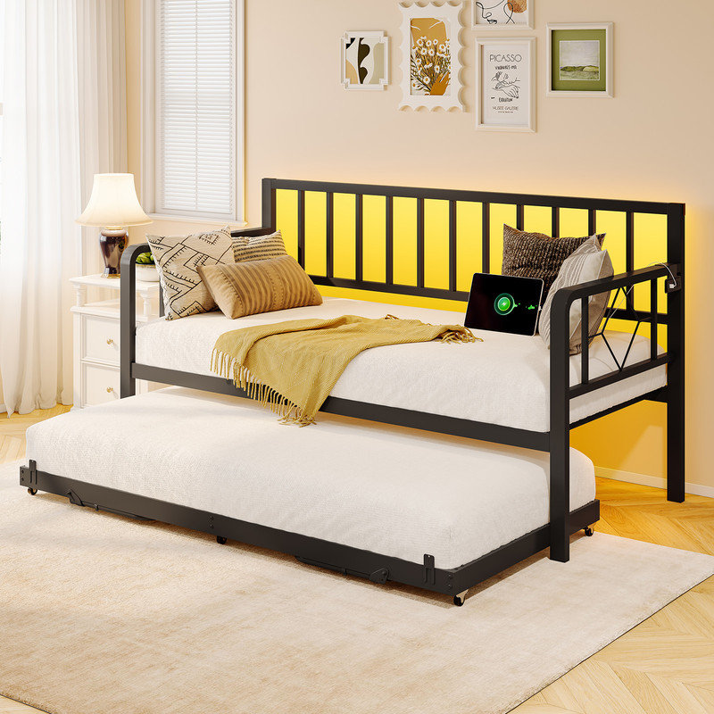 Metal Daybed with Trundle, LED Lights