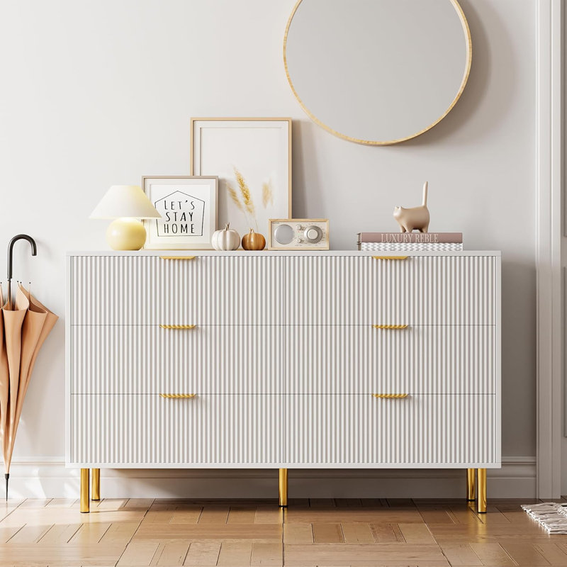 Modern 6 Drawer Dresser – Stylish Wood Chest with Gold Handles, Large Storage Drawers, Elegant Organizer for Bedroom, Living Room, Entryway