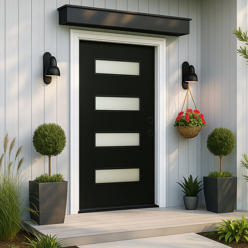 36 in. x 80 in. Black Fiberglass Front Door with Frosted Glass and Brickmould Design