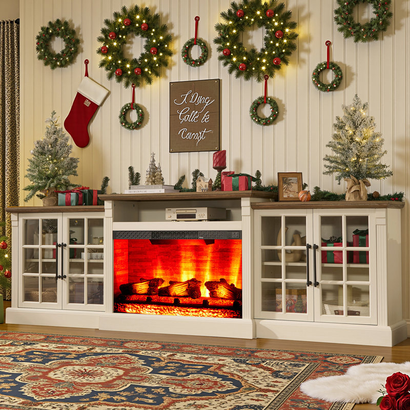 97"W Farmhouse Fireplace TV Stand with Large Storage Space,White