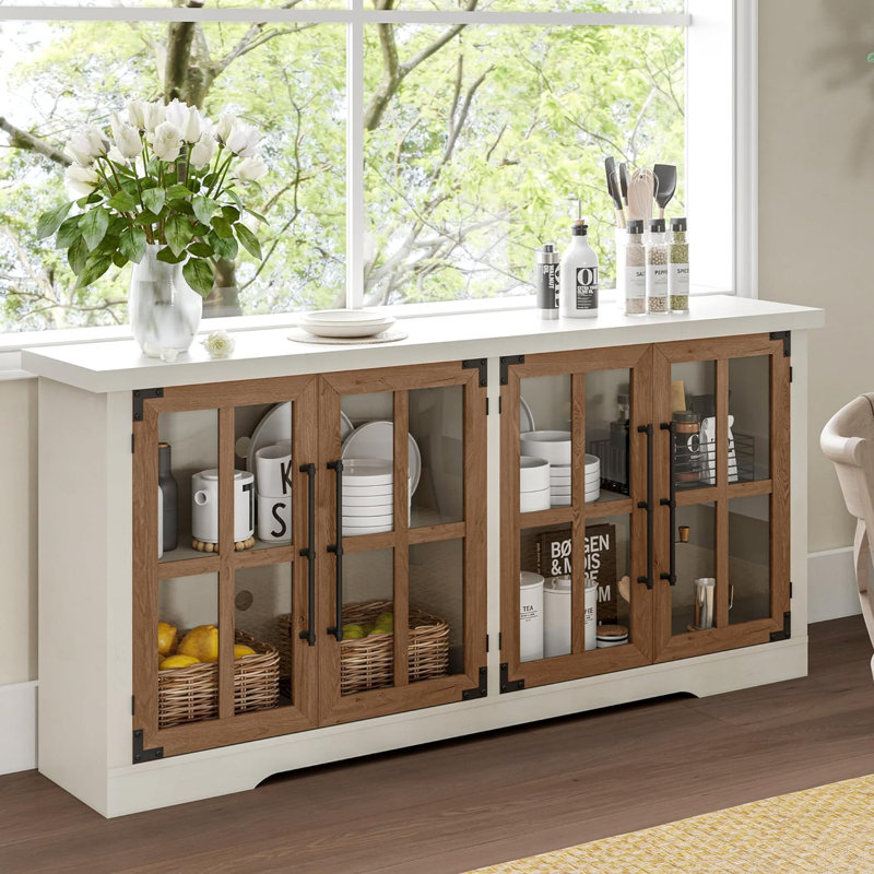 Pfarr 63" W Farmhouse Wood Sideboard with Glass Doors and Adjustable Shelves