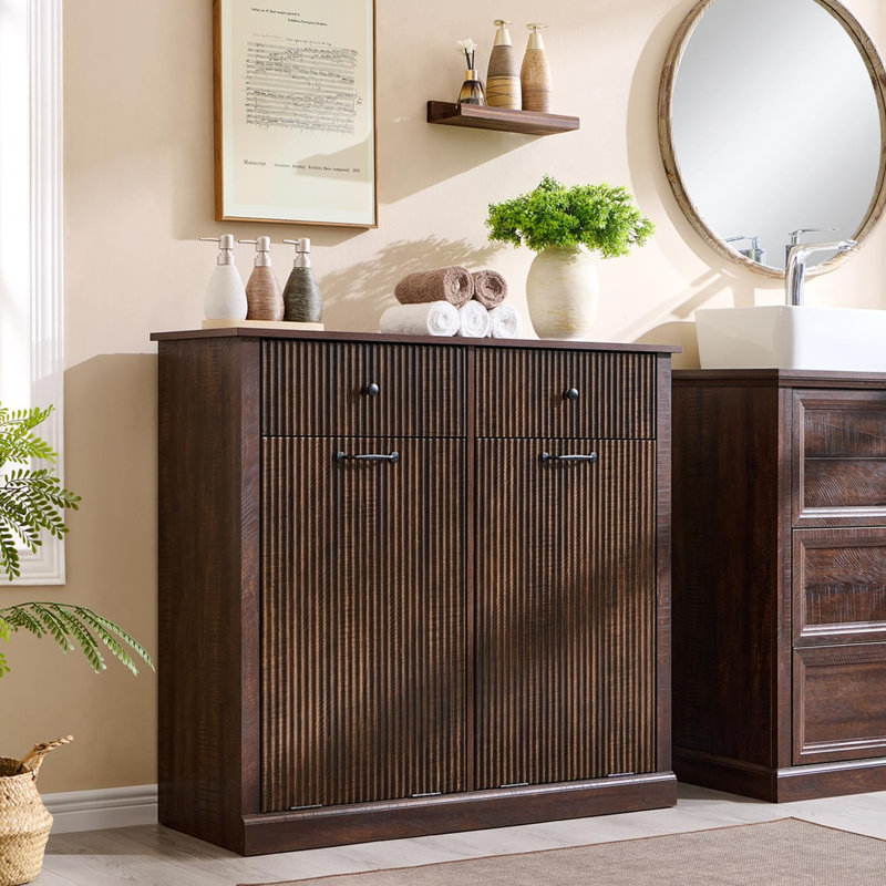 Modern Tilt-out Dual Laundry Hamper Cabinet with 2 Drawers,20 Gallon Fluted Laundry Storage Basket for Bathroom (Includes 2pc laundry basket.)