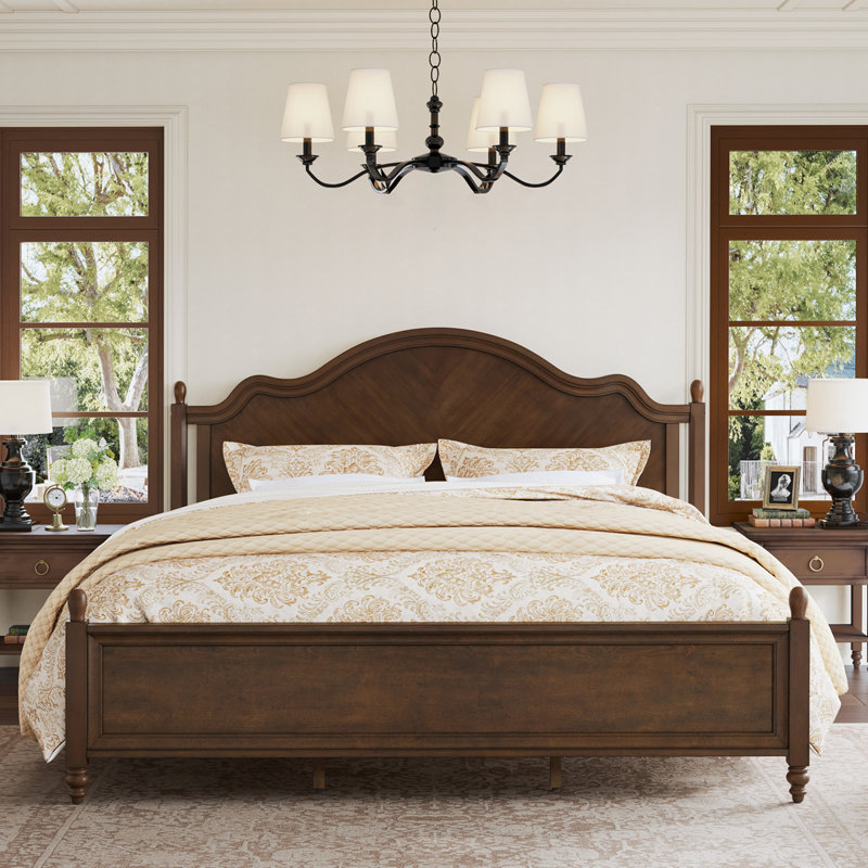 Mid-Century Modern Solid Wood Bed with Herringbone-Inspired Pattern Headboard