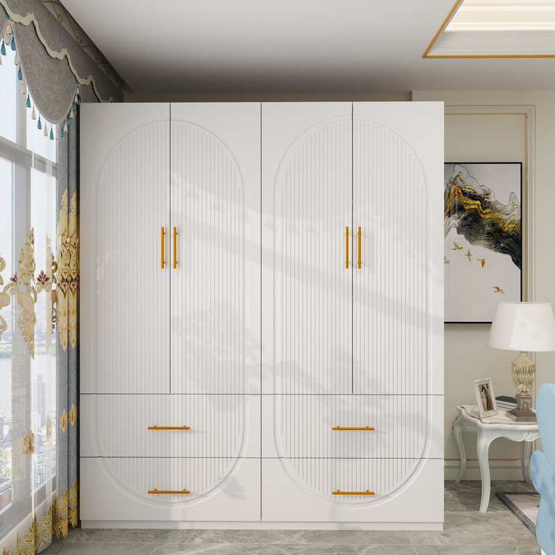 Merta White Wardrobe Closet with Soft-Close Doors — 3-Tier Shelves & 4 Drawers MDF Armoire for Bedroom