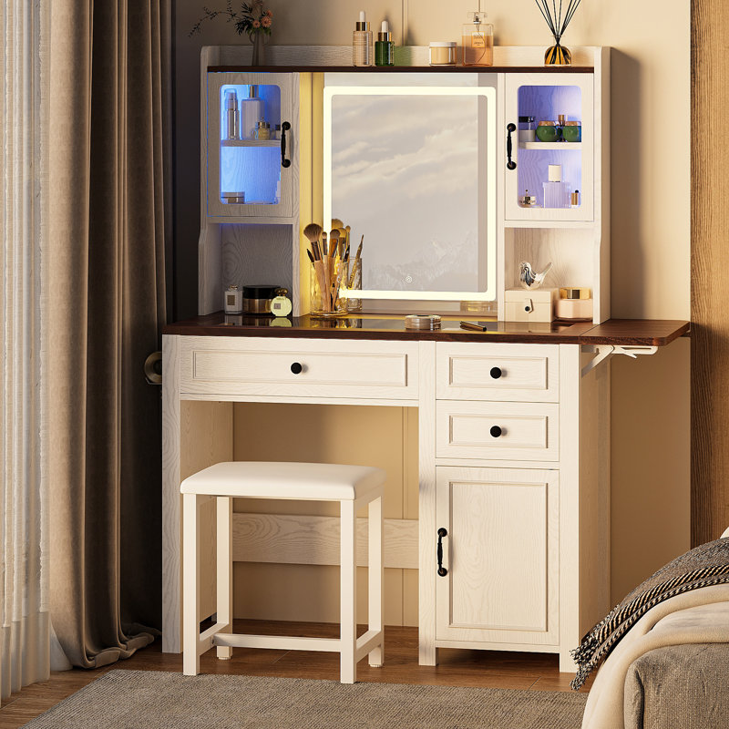 Modern Farmhouse Style Makeup Vanity Set With Mirror And Lights, Adjustable Brightness, Vanity Desk With Built-in Tempered Glass, Folding Panel, Power Outlet And Vanity Stool