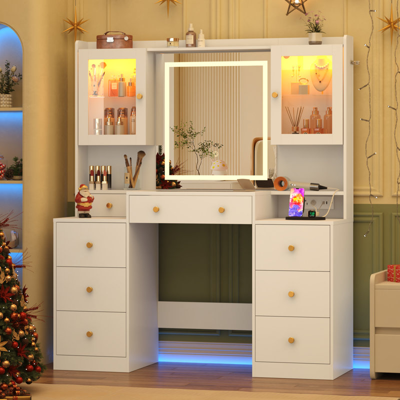 62" Vanity Desk With Lighted Mirror, Tempered Glass Top, Power Outlet, 9 Drawers, And 2 RGB Lighted Cabinet