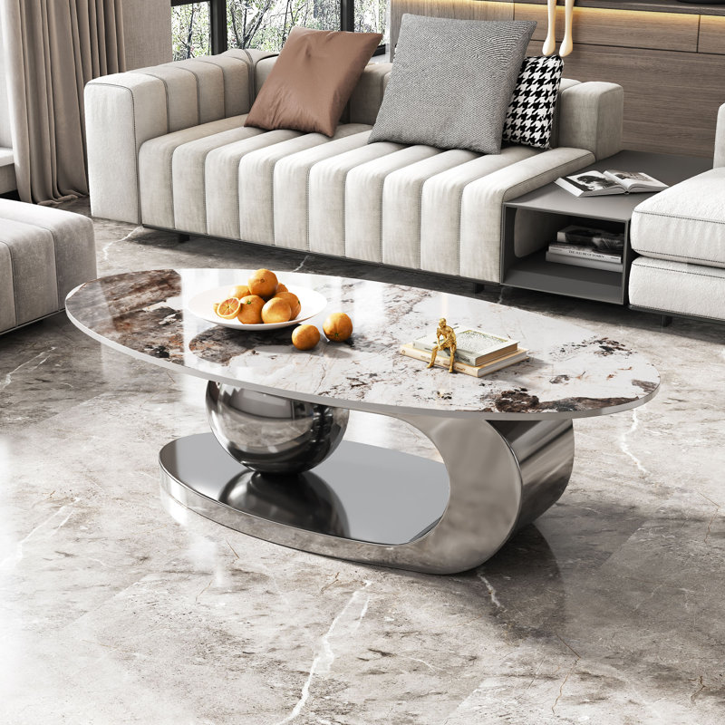 Garian Contemporary Pedestal Marble Coffee Table With Oversized Sphere Support For Living Room